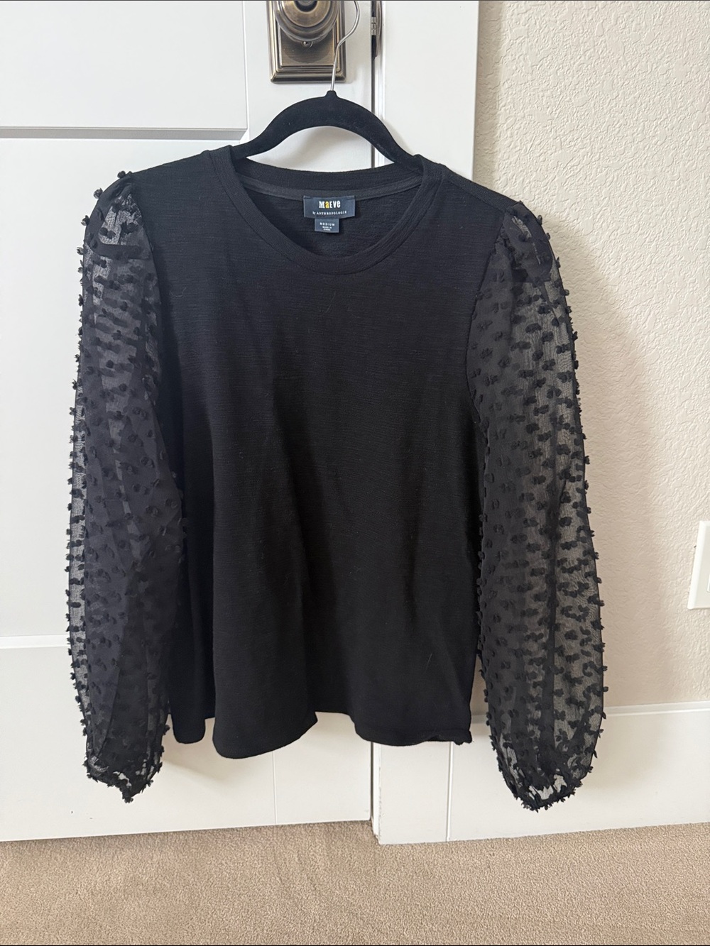 Maeve Black Mesh Puff-Sleeve Blouse- Medium